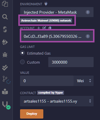 Remix with AnimeChain selected, compiled contract, and balance visible
