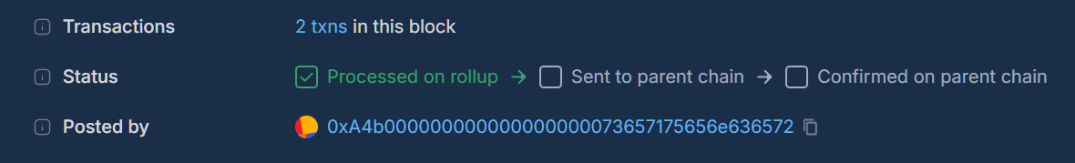 AnimeChain explorer shows confirmed L3 transaction before L2 submission